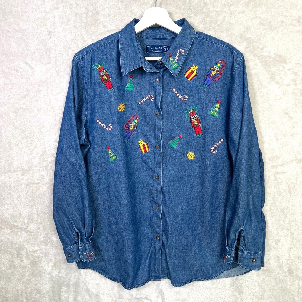 Karen Scott Women's‎ Vintage Denim Christmas Holiday Nutcracker Shirt Size XL